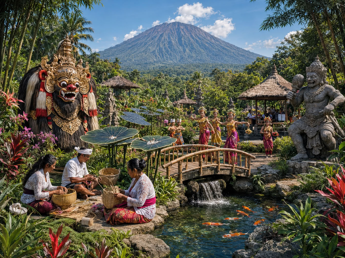 image of a lush, tropical Balinese landscape with Mount Agung towering in the background.
